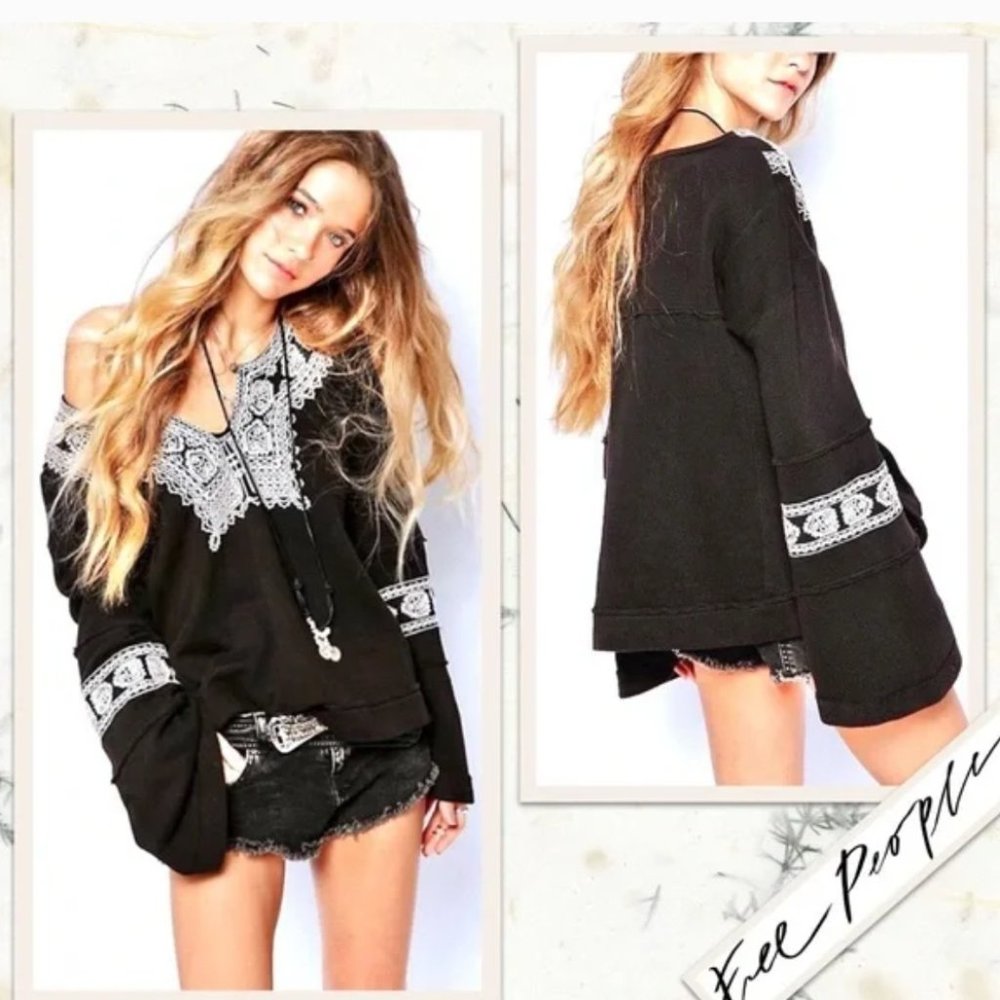 Free People Black Pullover Embroidery S
